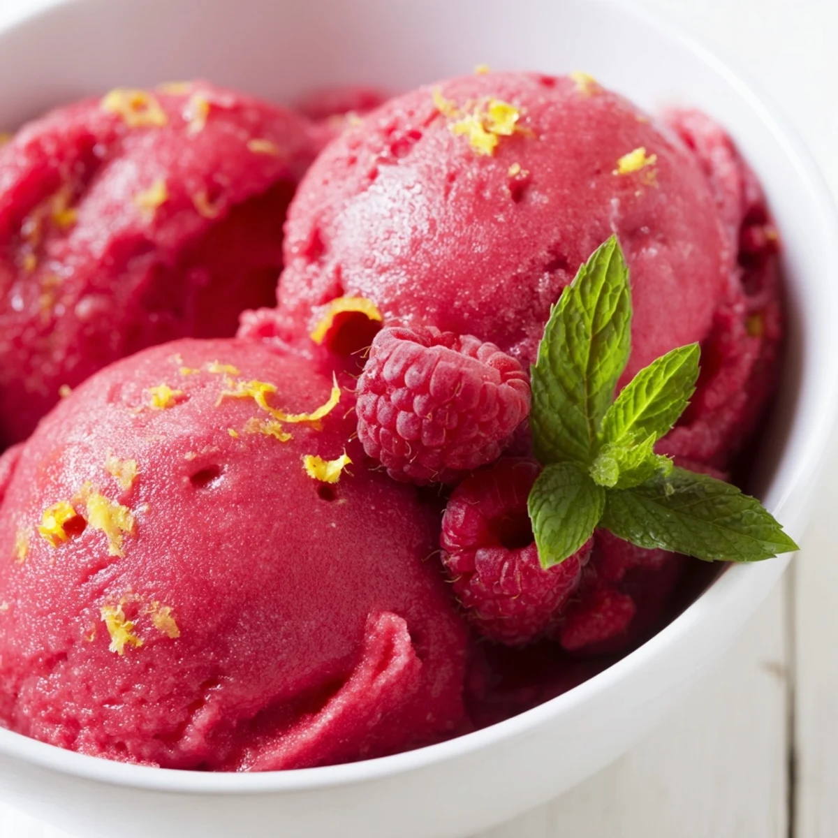 A scoop of vibrant Pink Raspberry Lemonade Sorbet rests in a glass bowl, garnished with fresh raspberries and mint leaves.  