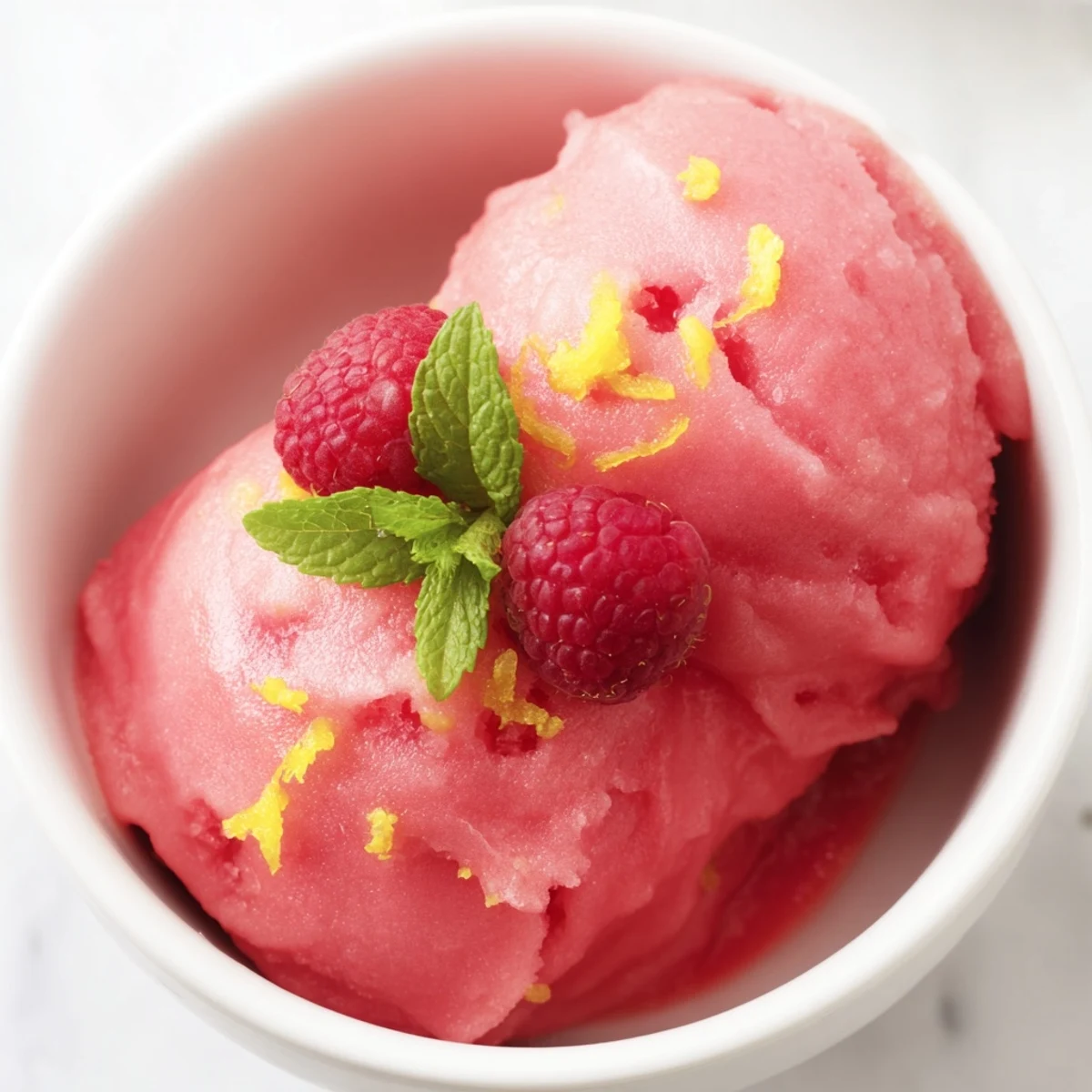 Close-up of homemade Pink Raspberry Lemonade Sorbet in a waffle cone, showing its smooth, icy texture and bright pink color.  