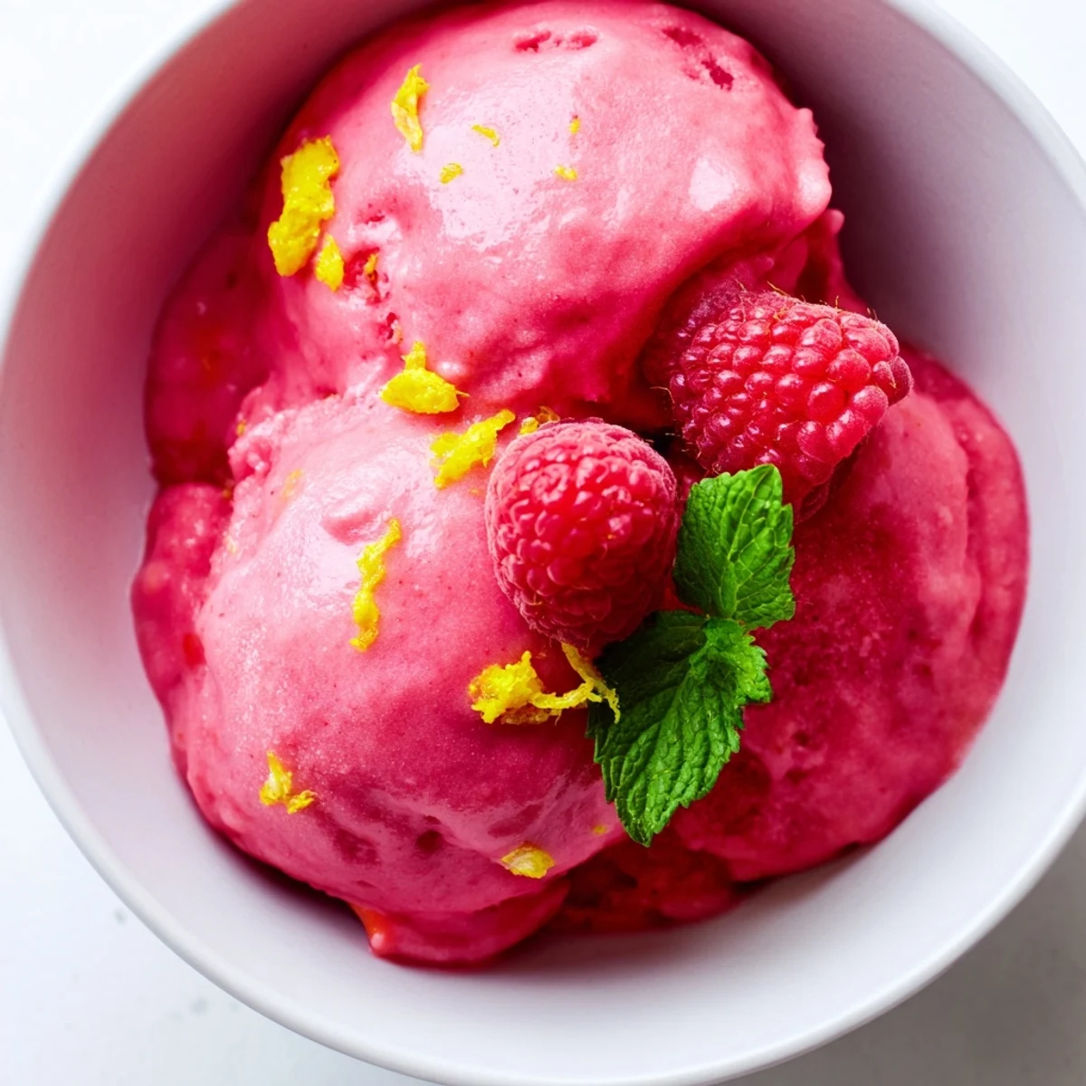 A glass dish of Pink Raspberry Lemonade Sorbet garnished with lemon zest and mint, perfect for a refreshing summer dessert.