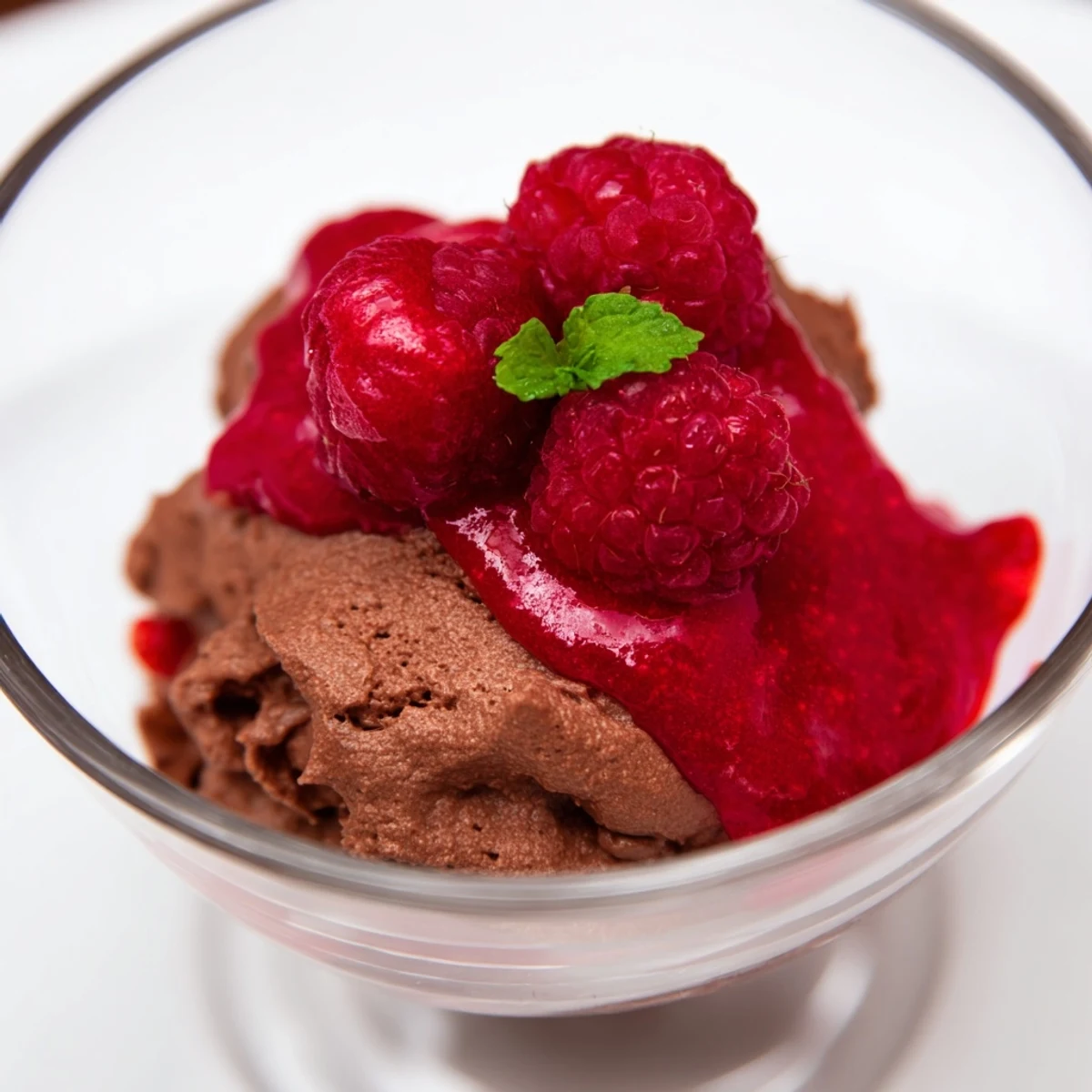 Creamy Chocolate Mousse with Fresh Raspberry Coulis topped with fresh raspberries and a mint sprig.