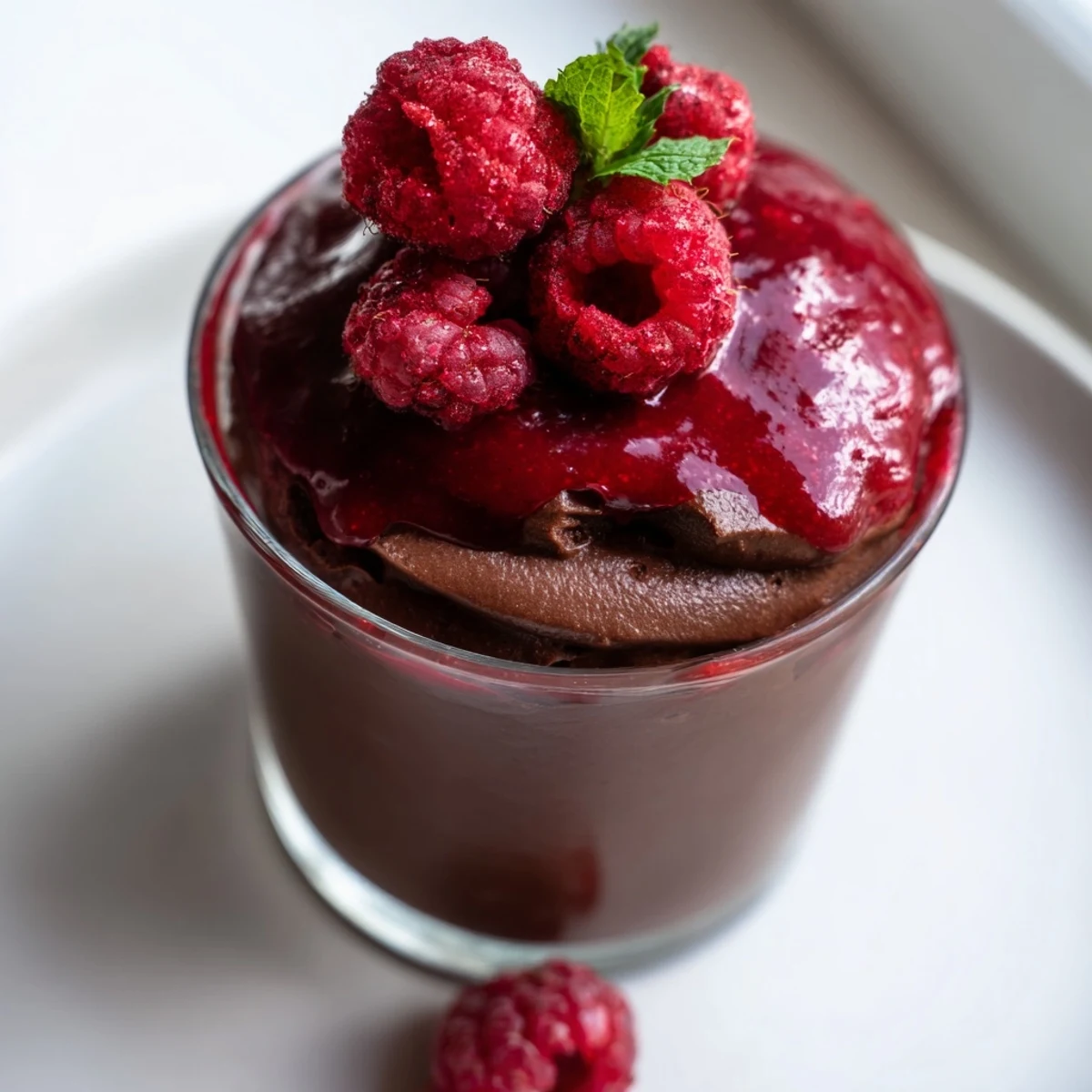 Decadent Chocolate Mousse with Fresh Raspberry Coulis served in clear glasses alongside a glass of ruby port.