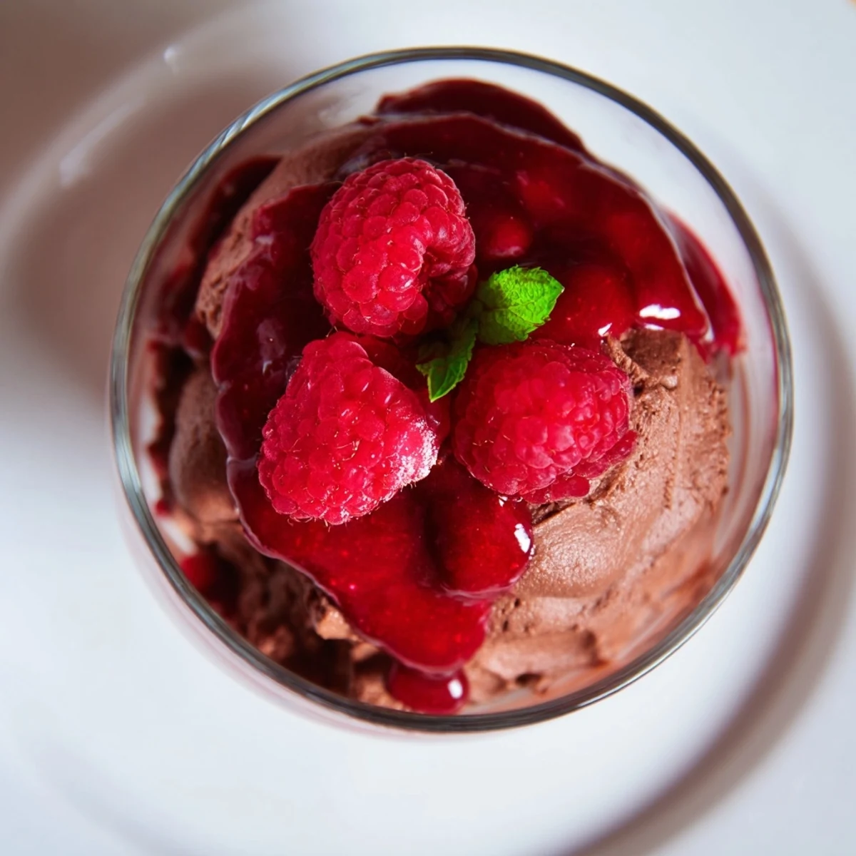 Velvety Chocolate Mousse with Fresh Raspberry Coulis swirled with bright red coulis and garnished with extra berries.