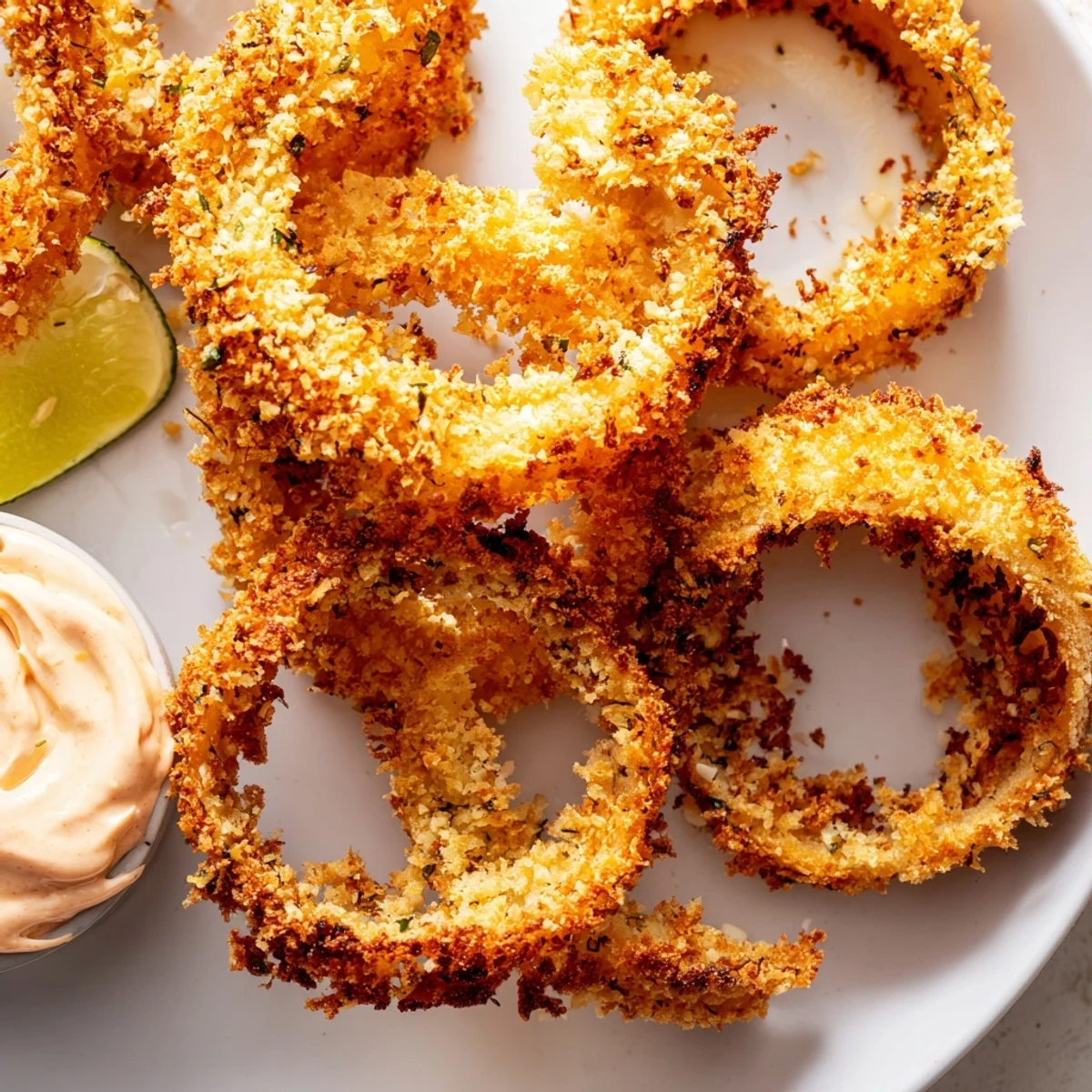 Breaded Air Fryer Onion Rings with Chipotle Mayo, golden brown and ready to enjoy.