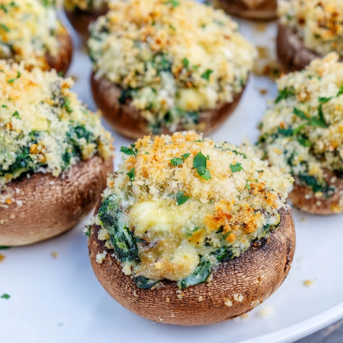 Golden-baked Vegetarian Stuffed Mushrooms with spinach and cheese, garnished with fresh parsley on a rustic wooden board.