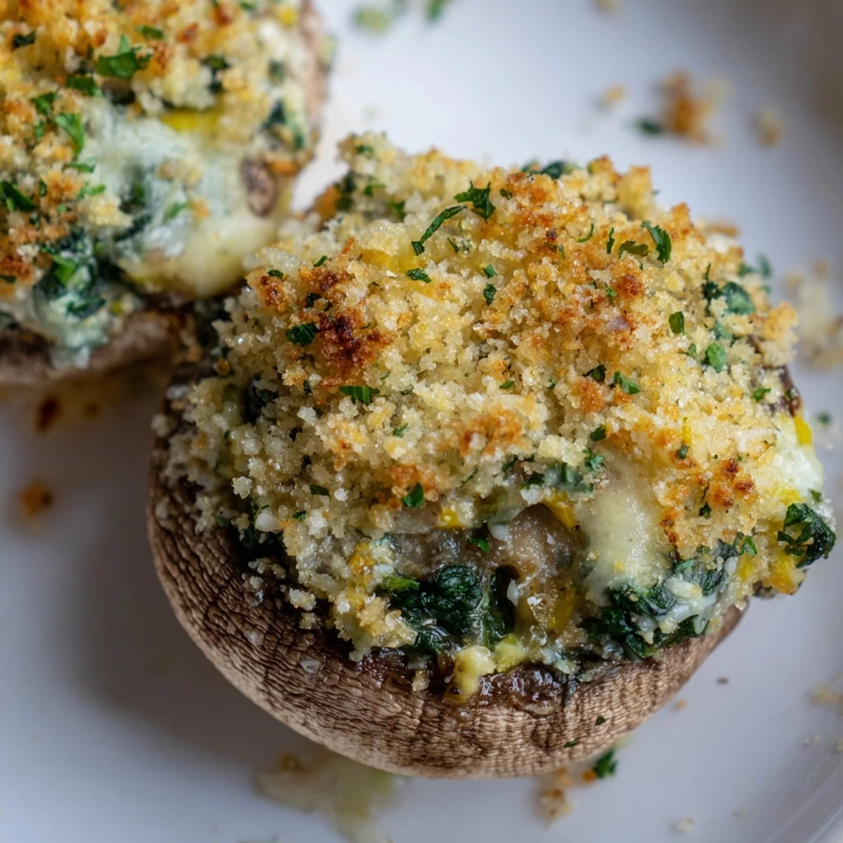 Freshly baked Vegetarian Stuffed Mushrooms with spinach and cheese filling, served warm from the oven on a parchment-lined tray.