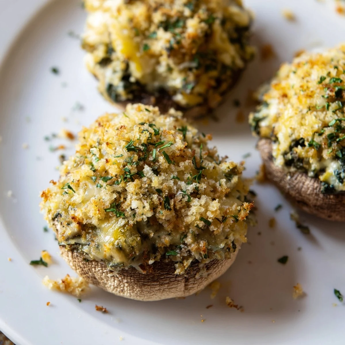 Tender mushroom caps filled with spinach and cheese, arranged on a white plate for a perfect appetizer or light main course.