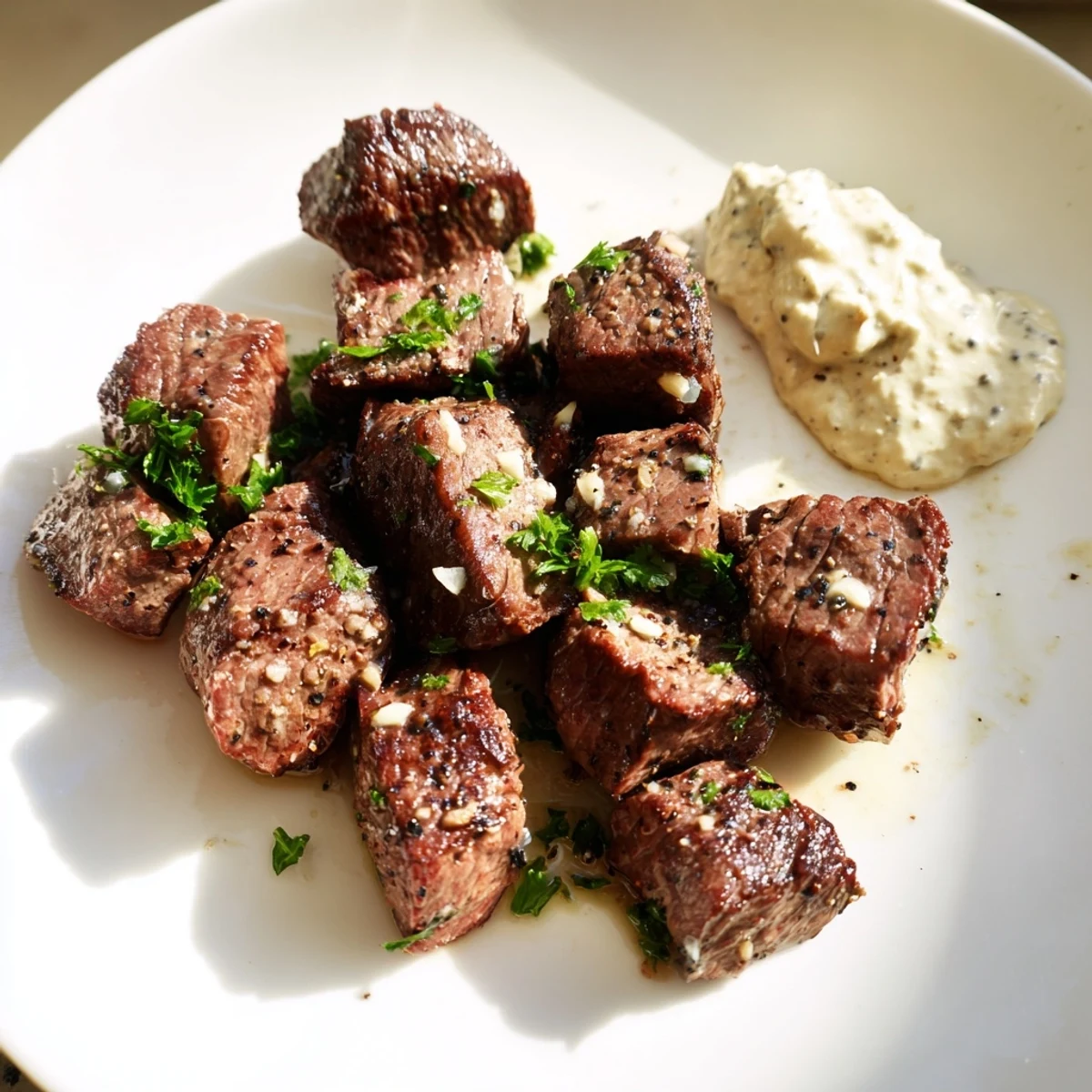 Garlic butter steak bites garnished with fresh parsley, perfect as a hearty appetizer or main dish for a weeknight dinner.  