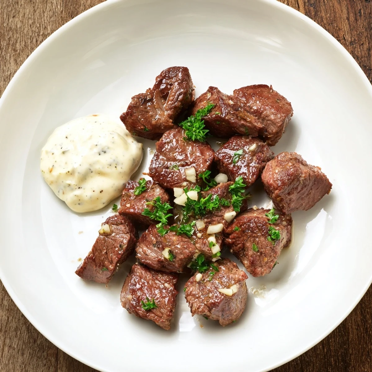 Tender sirloin steak cubes seared to medium-rare, coated in rich garlic butter and paired with zesty horseradish cream sauce.