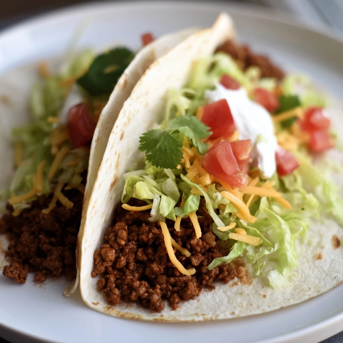 Golden-brown ground beef cooked with homemade taco seasoning fills warm corn tortillas, topped with crisp lettuce, diced tomatoes, shredded cheddar, and fresh cilantro.  