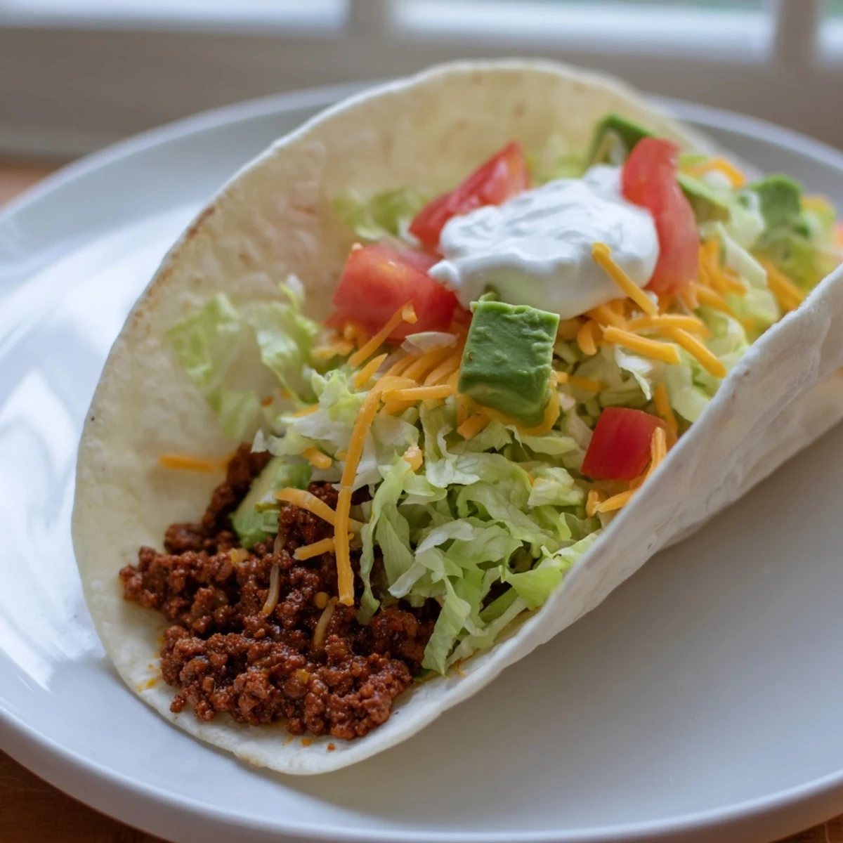 A platter of homemade beef tacos with vibrant toppings like avocado slices, sour cream, and lime wedges, ready for a weeknight dinner.  