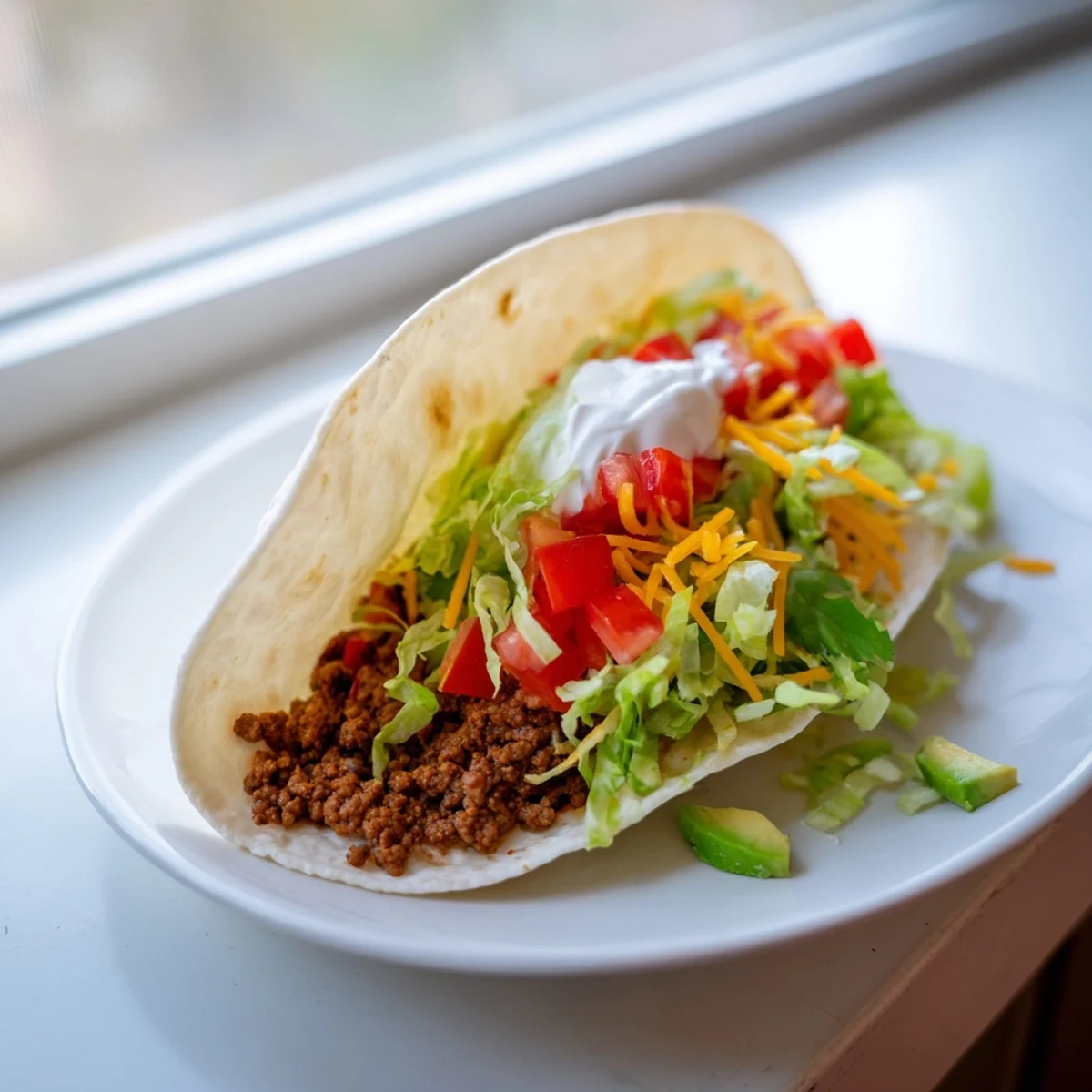 Close-up of juicy homemade beef tacos with seasoned meat, melted cheese, and colorful garnishes on a rustic wooden table.