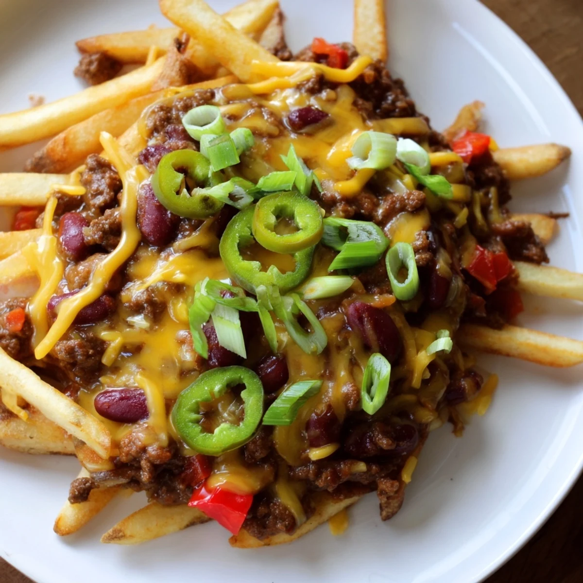 Crispy golden fries loaded with hearty homemade chili, melted cheddar cheese, and fresh jalapeños on top.