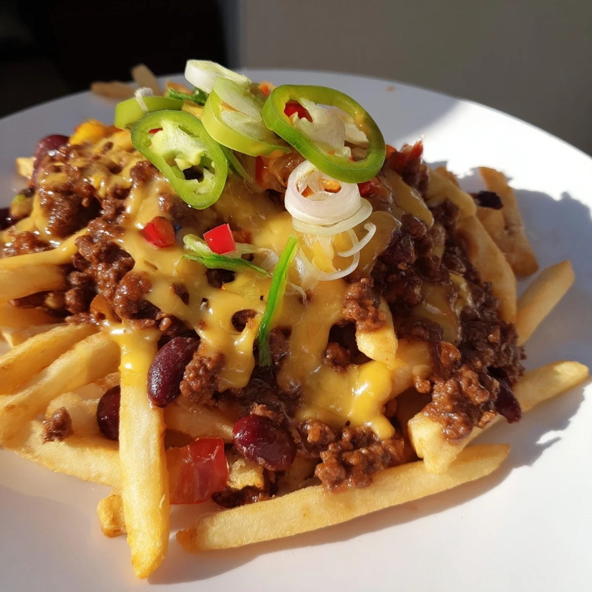 Steamy, cheesy Chili Cheese Fries with Ground Beef served hot on a rustic platter, perfect for game day.