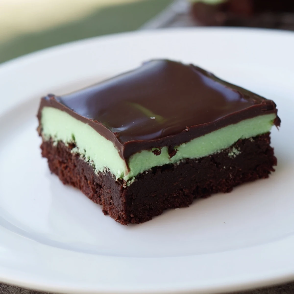 Shamrock Mint Brownies with Chocolate Ganache are cut into squares, revealing rich chocolate and cool mint cream for St. Patrick’s Day.  