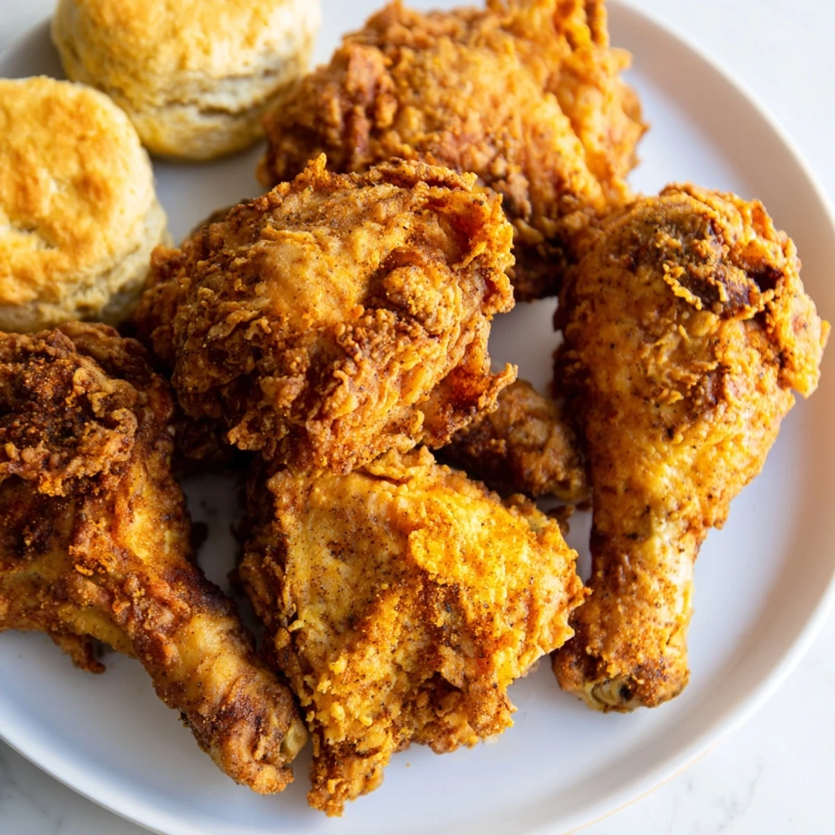 Freshly baked Buttermilk Biscuits beside golden Southern Fried Chicken, steaming on a checkered tablecloth for a cozy meal.  
