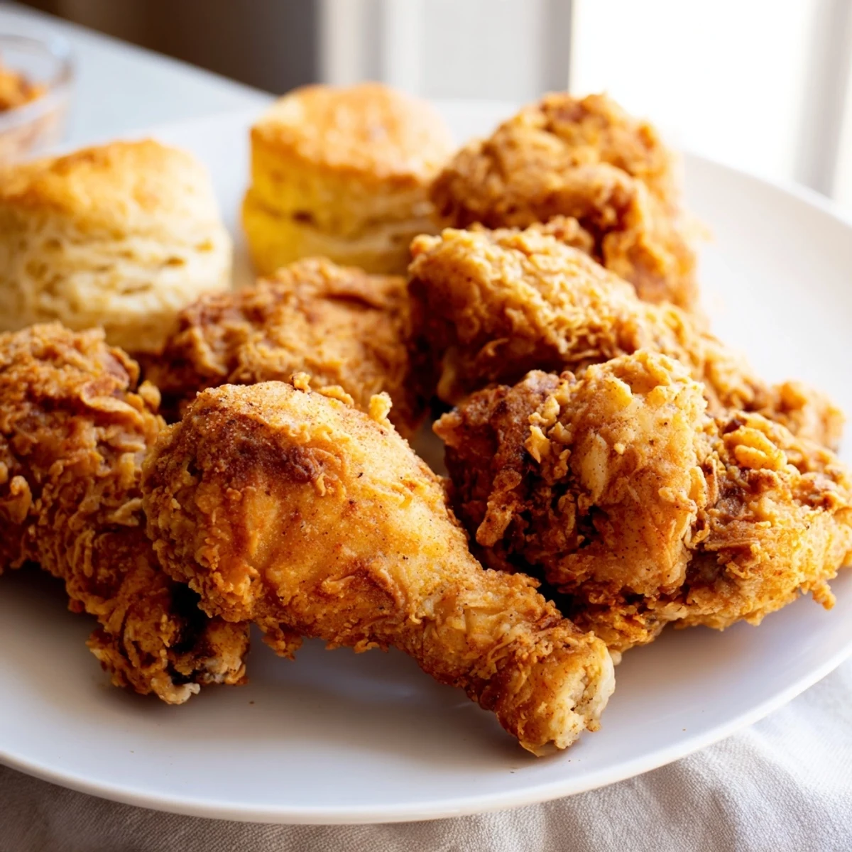 Crispy, golden Southern Fried Chicken with Buttermilk Biscuits on a rustic plate, drizzled with honey and ready to serve.  