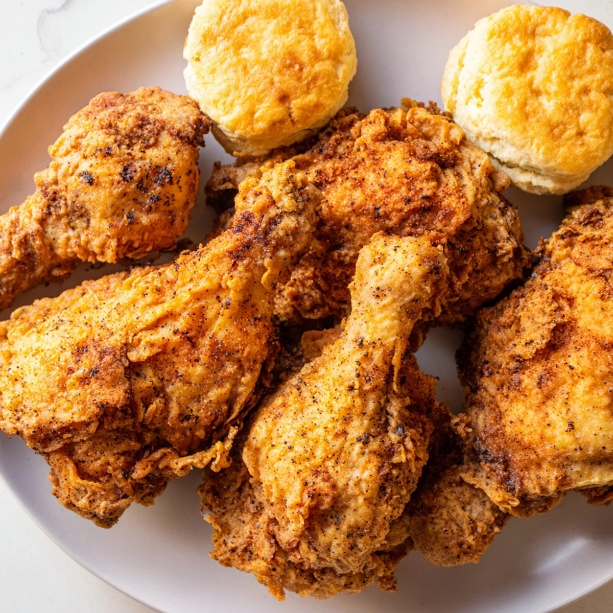 Golden-brown Southern Fried Chicken served hot with flaky Buttermilk Biscuits, perfect for a classic family dinner.
