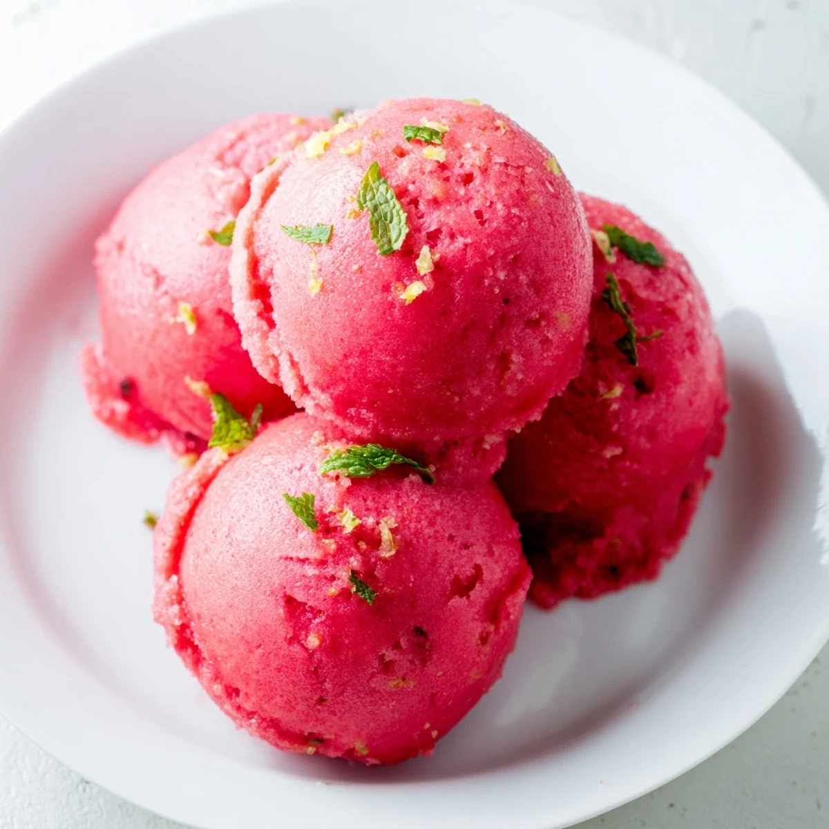 Freshly blended Pink Raspberry Lemonade Sorbet with Mint, swirled into a chilled glass and topped with a vibrant mint sprig for a refreshing summer treat.