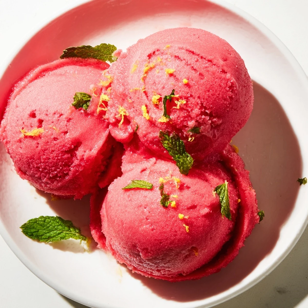 Scoops of tangy Pink Raspberry Lemonade Sorbet with Mint served in a glass dish, garnished with fresh mint and ready to enjoy on a hot day.