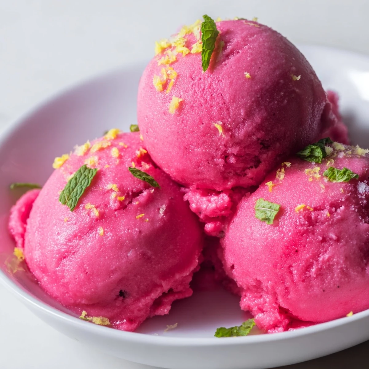 Homemade Pink Raspberry Lemonade Sorbet with Mint in a frosty bowl, topped with mint leaves and zest, a vibrant vegan dessert perfect for any occasion.