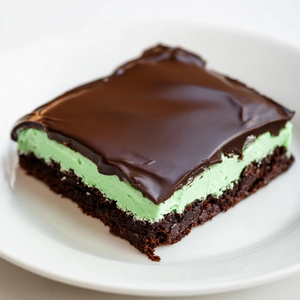 Stacked Shamrock Mint Brownies with Chocolate Ganache show fudgy layers, minty cream, and glossy dark chocolate topping cut into squares.