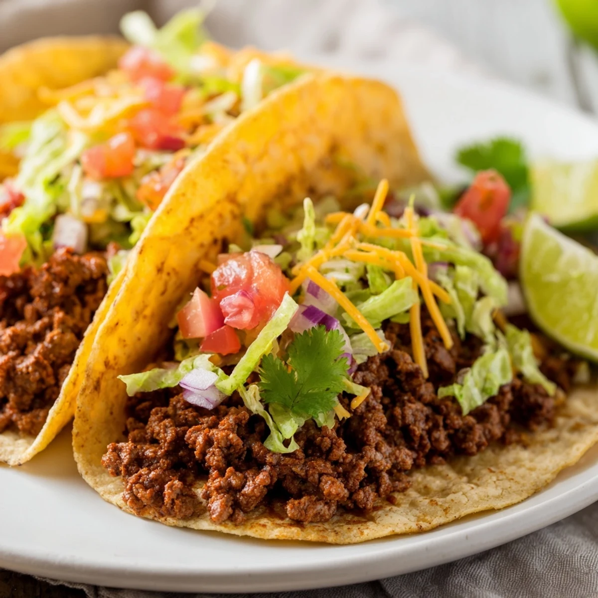 Golden, juicy ground beef with homemade taco seasoning, tucked into warm tortillas topped with lettuce and cheese.