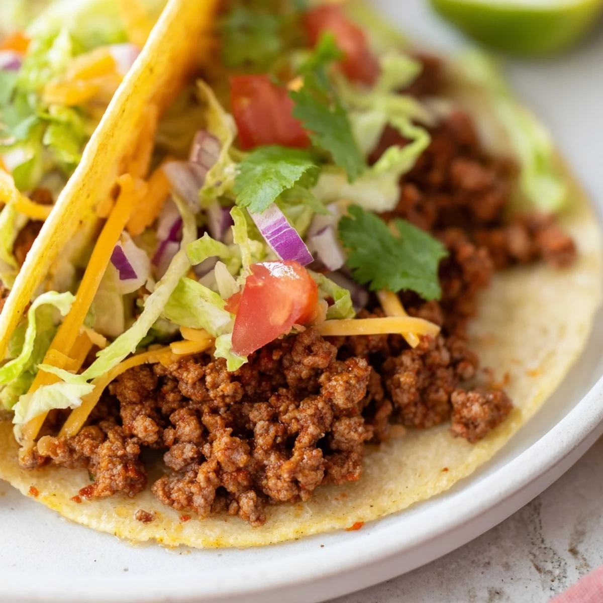 Steaming, aromatic beef filling simmers with tomato sauce, served with lime wedges and fresh cilantro garnish.