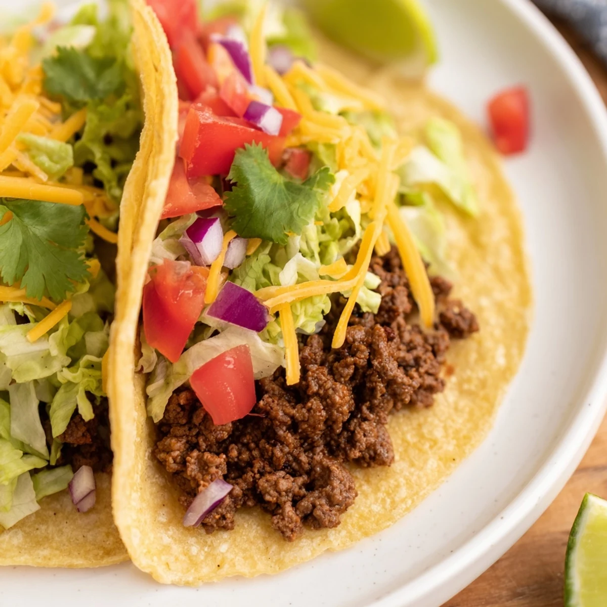Weeknight beef tacos loaded with crunchy veggies and melted cheddar, ready to serve with sour cream.