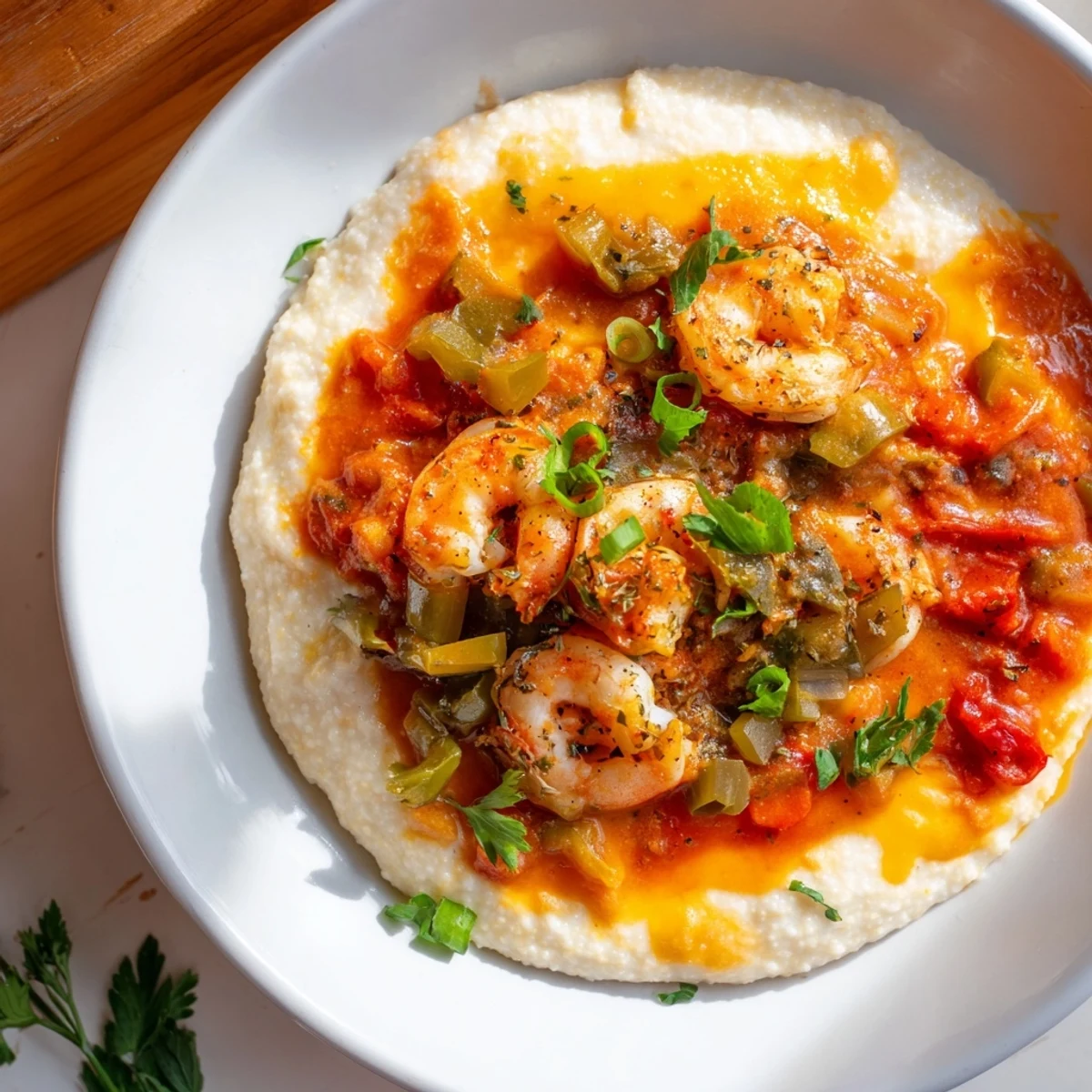 Succulent shrimp in spicy Creole tomato gravy spooned over creamy stone-ground grits, garnished with scallions and fresh parsley for a classic Southern dinner.