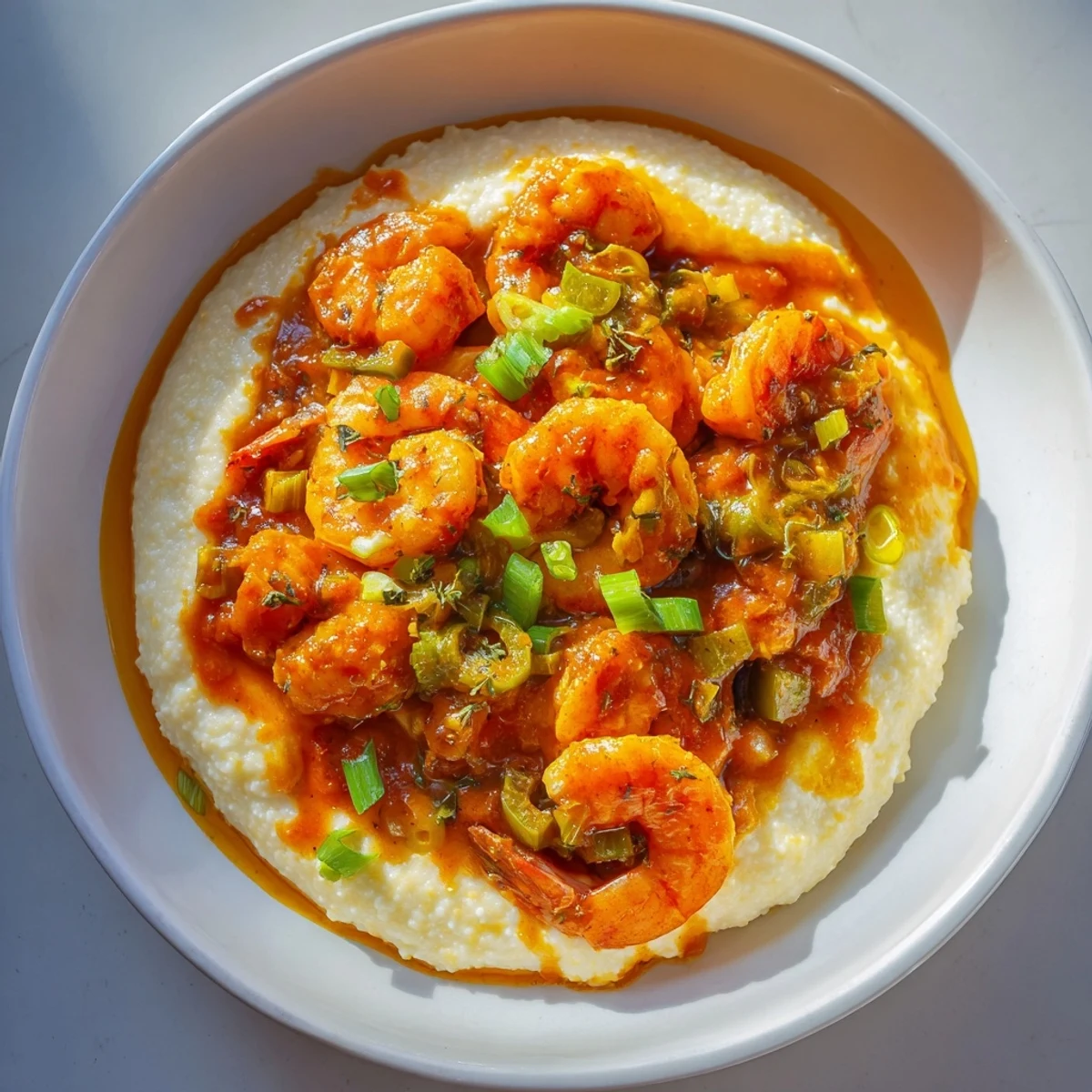 Hearty Creole Shrimp and Grits served bubbling hot, featuring tender shrimp nestled in a rich, crimson tomato gravy beside buttery, cheddar-laced grits.