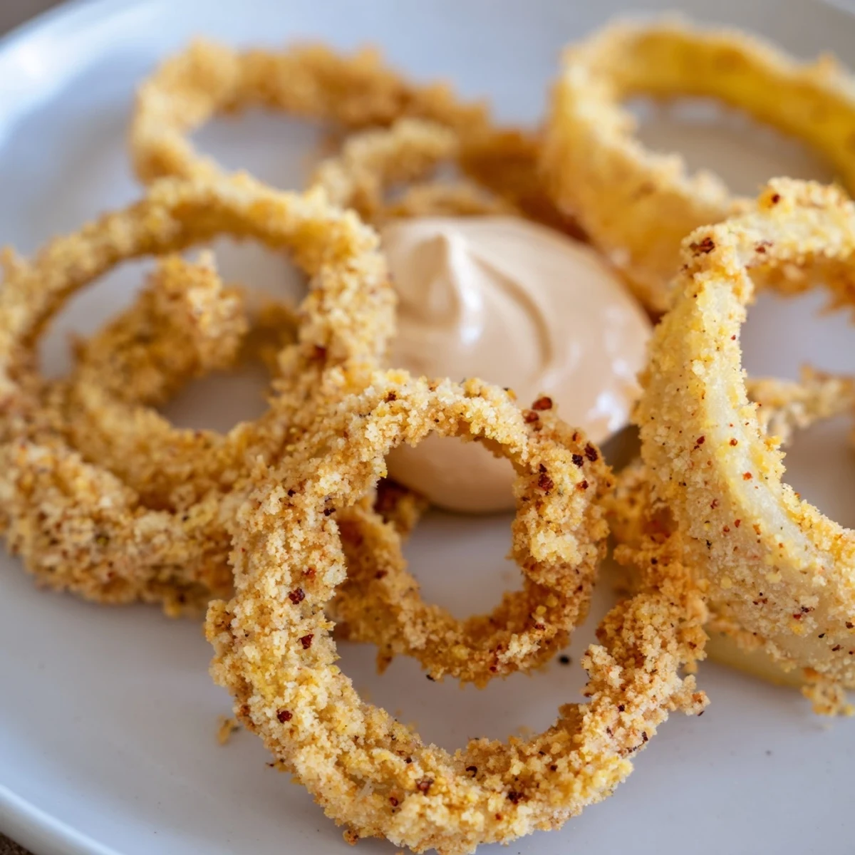 Crispy Air Fryer Onion Rings with Chipotle Mayo are stacked high, golden brown and crunchy, served with a creamy dip.