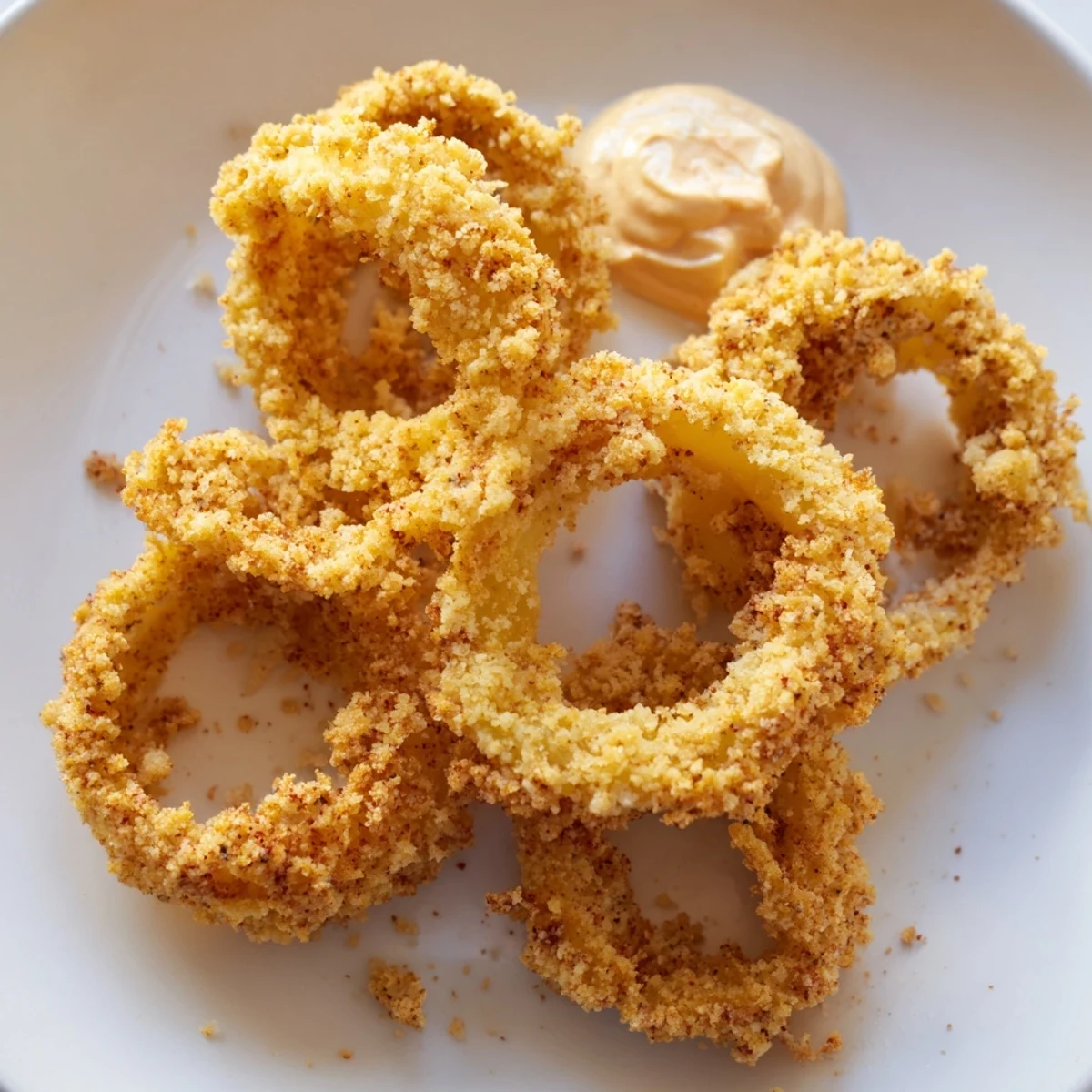 Freshly fried Crispy Air Fryer Onion Rings with Chipotle Mayo on a platter, steam rising, perfect for game day snacking.