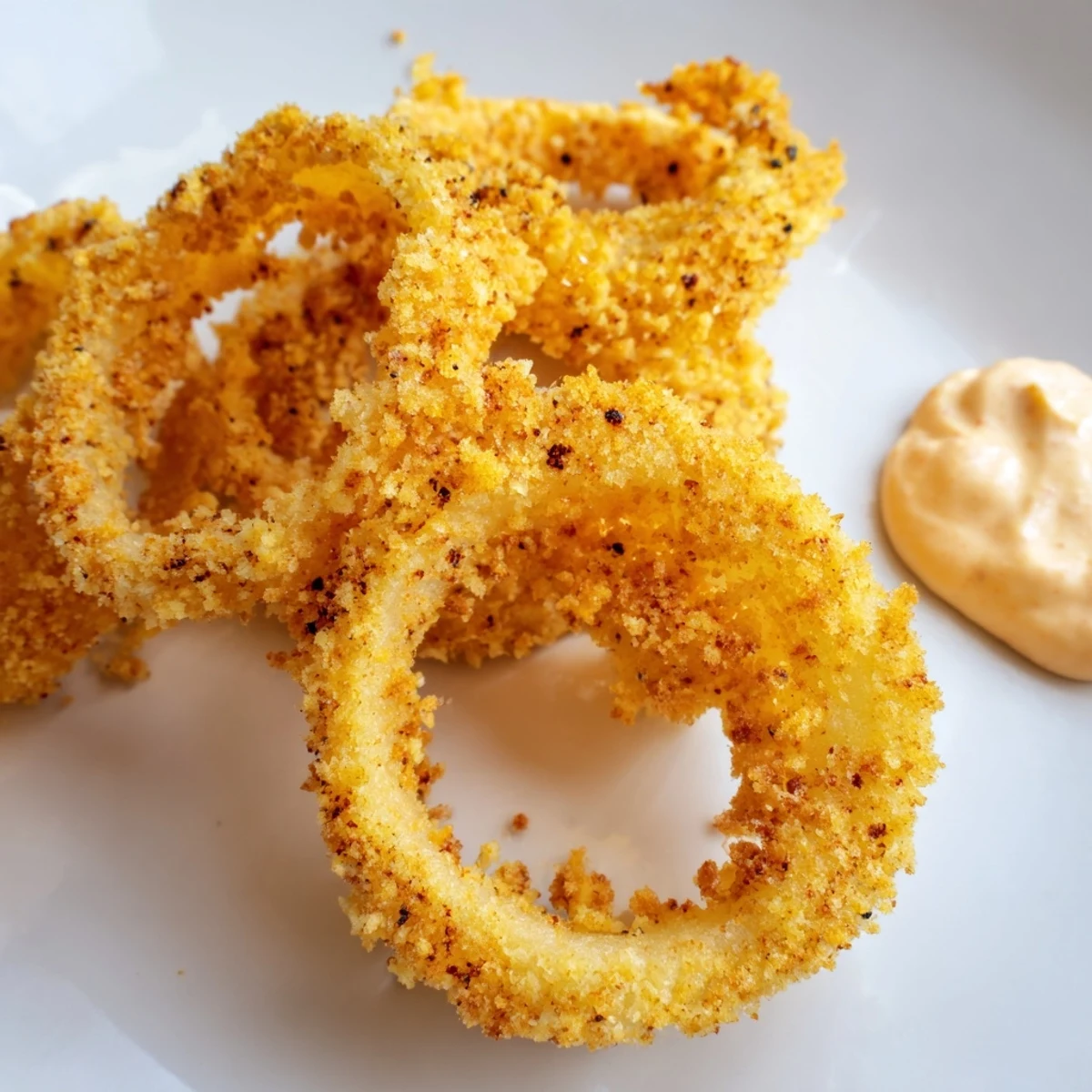 A close-up shows Crispy Air Fryer Onion Rings with Chipotle Mayo, highlighting the crunchy panko texture and smoky, spicy mayo.