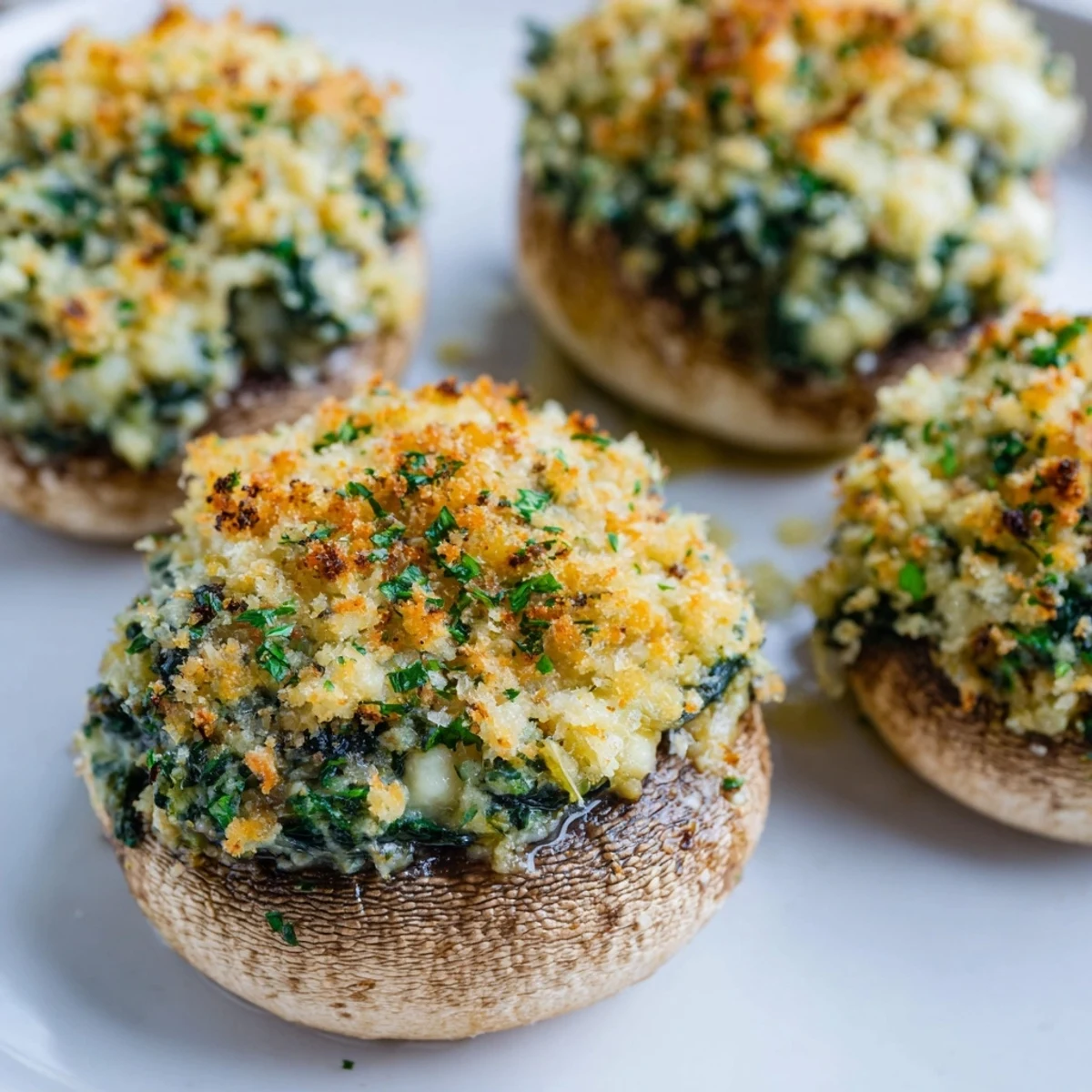 Freshly baked Vegetarian Stuffed Mushrooms with spinach and cheese, garnished with parsley on a dark marble countertop.