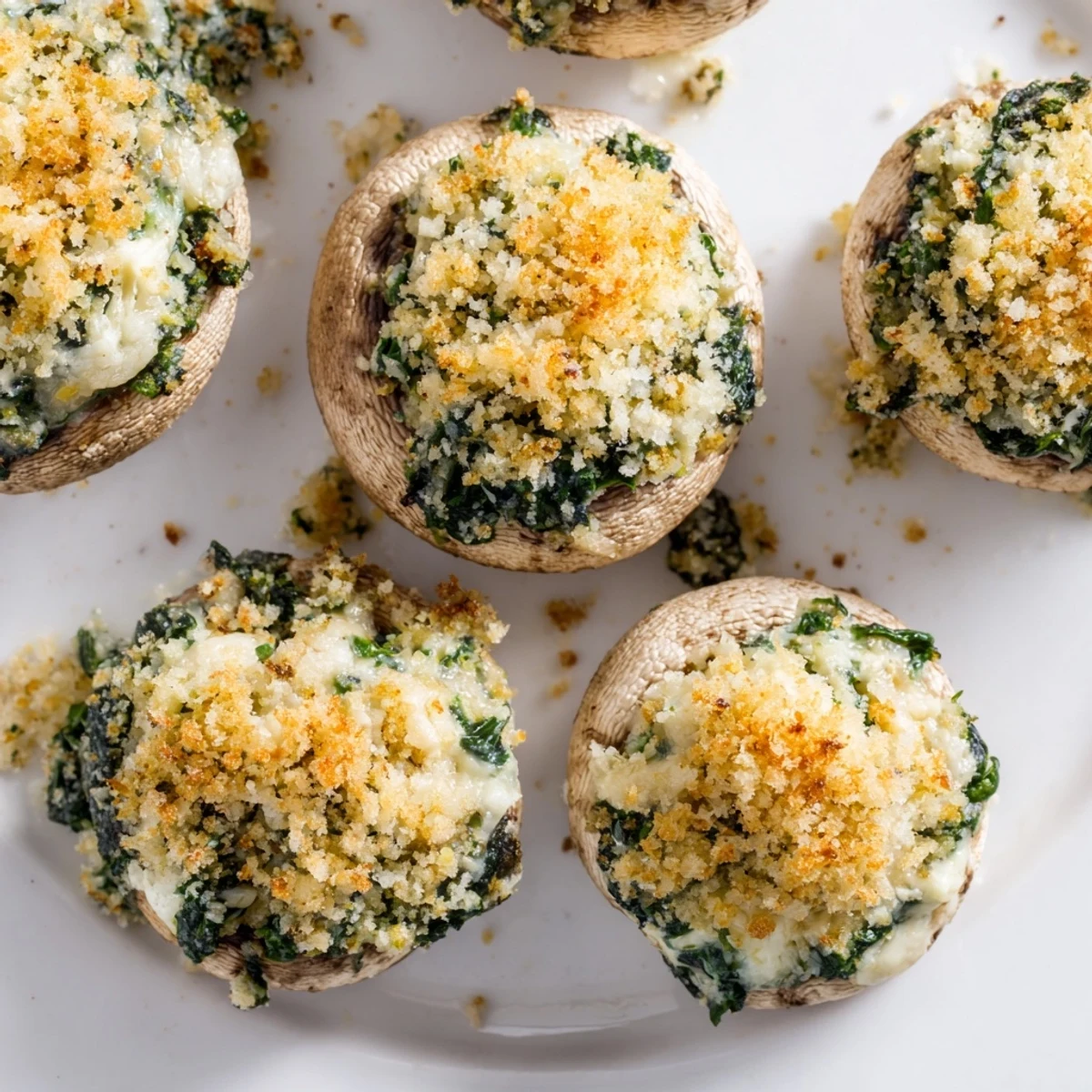 Close-up of Vegetarian Stuffed Mushrooms with bubbly cheese filling and golden breadcrumbs, perfect for a party appetizer.
