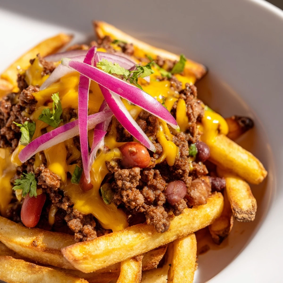 Crispy golden fries piled high with savory beef chili and melting cheddar cheese on a plate.