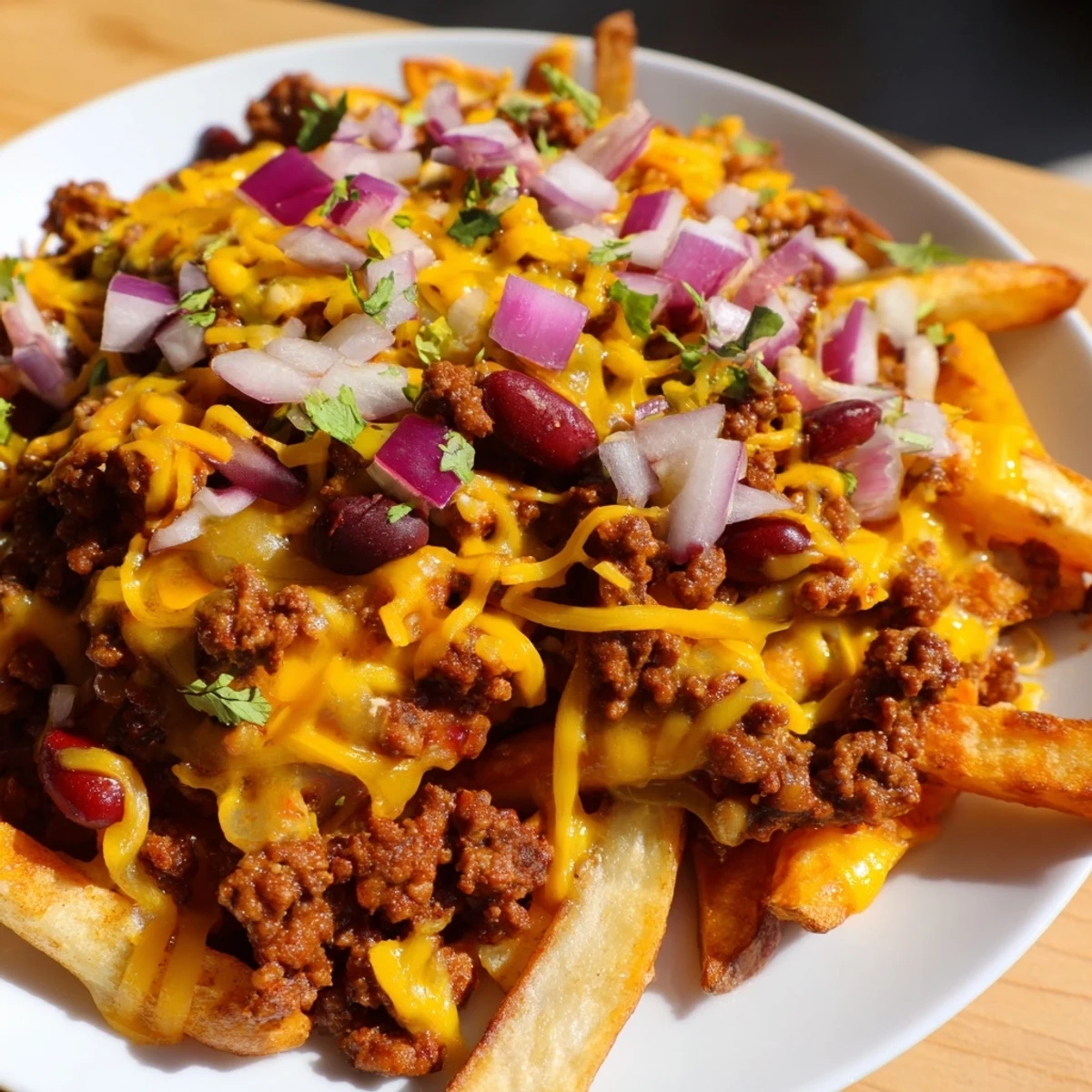 A close-up of Chili Cheese Fries with Ground Beef and Onions topped with fresh jalapeños and red onion.