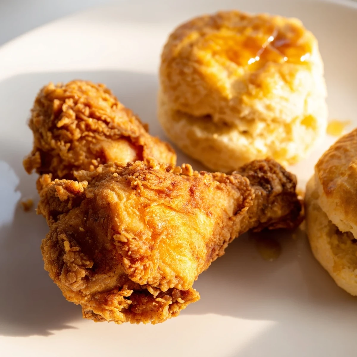 Golden-brown Southern Fried Chicken with Buttermilk Biscuits served hot on a rustic platter, steam rising.