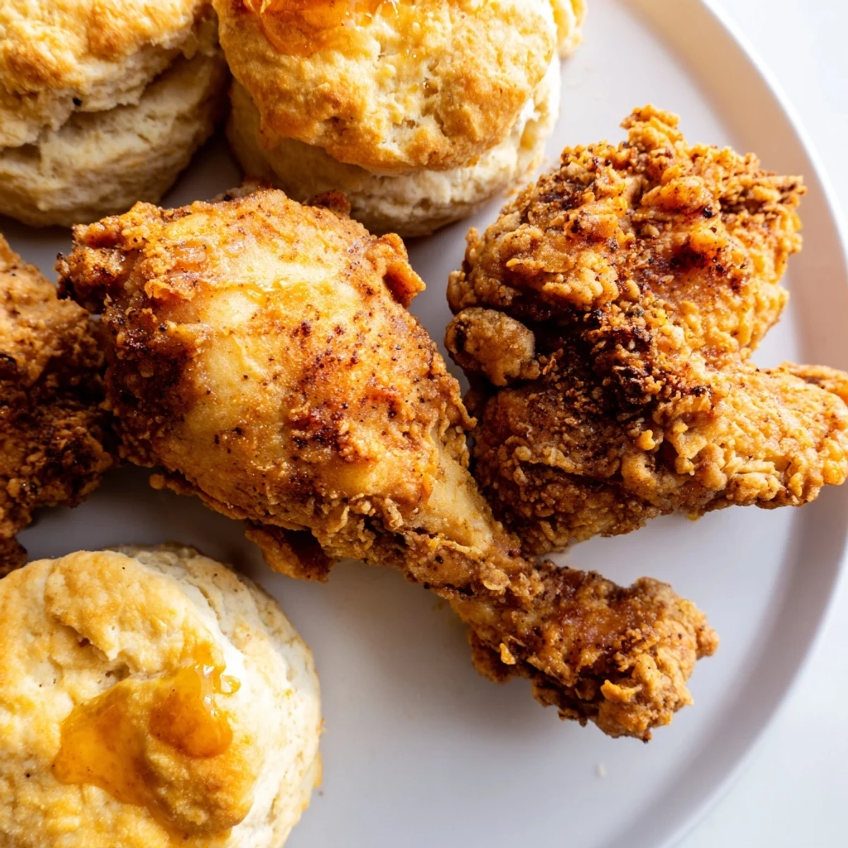 Flaky, buttery Buttermilk Biscuits sit beside crispy fried chicken with a side of honey butter.