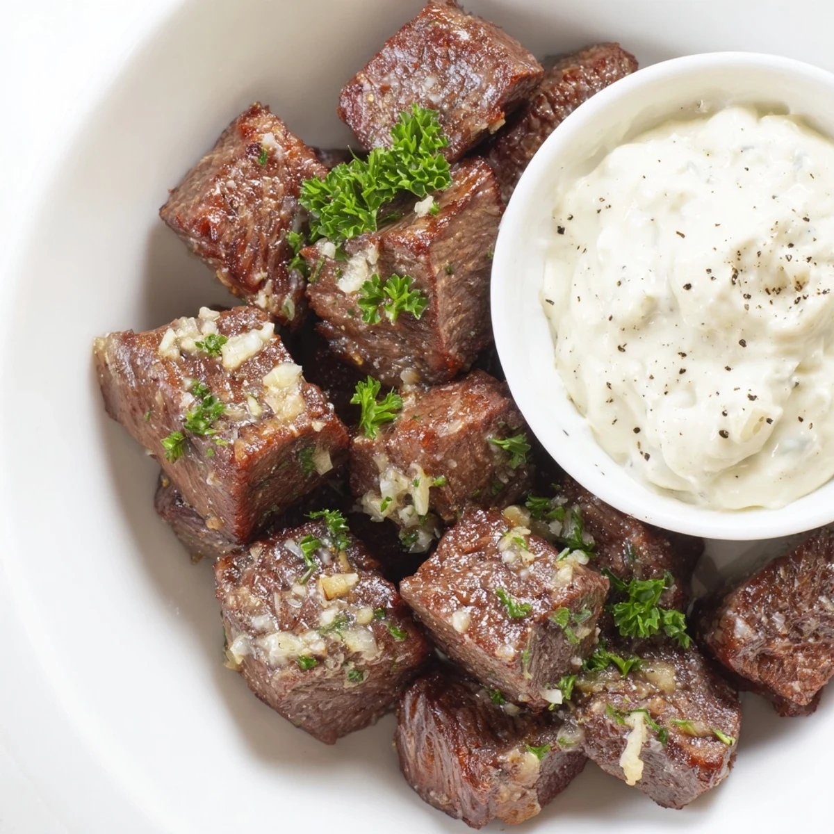 Garlic Butter Steak Bites with Horseradish Cream are seared golden in a skillet and topped with a dollop of creamy sauce.