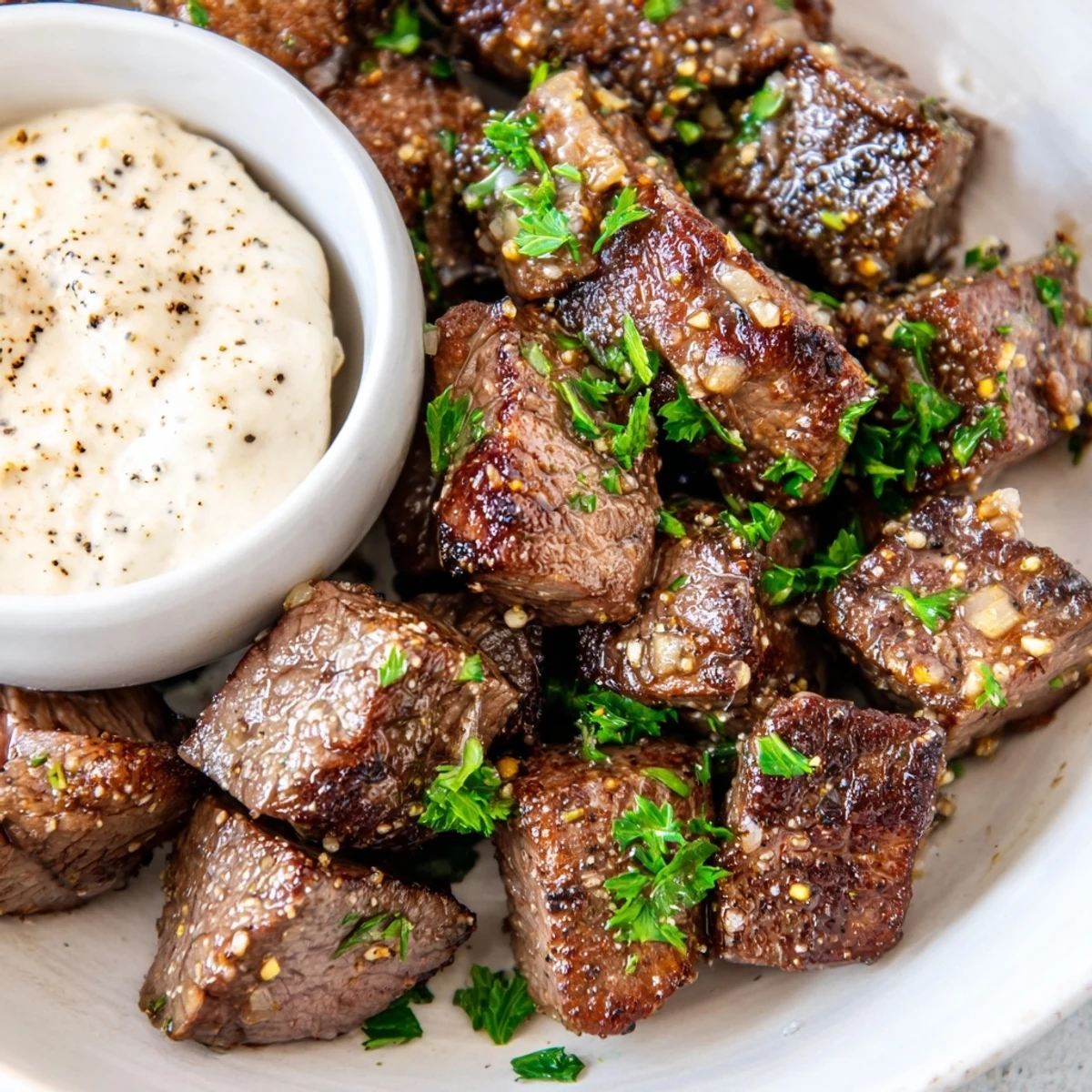 Juicy Garlic Butter Steak Bites with Horseradish Cream on a platter, garnished with fresh parsley for a quick dinner.