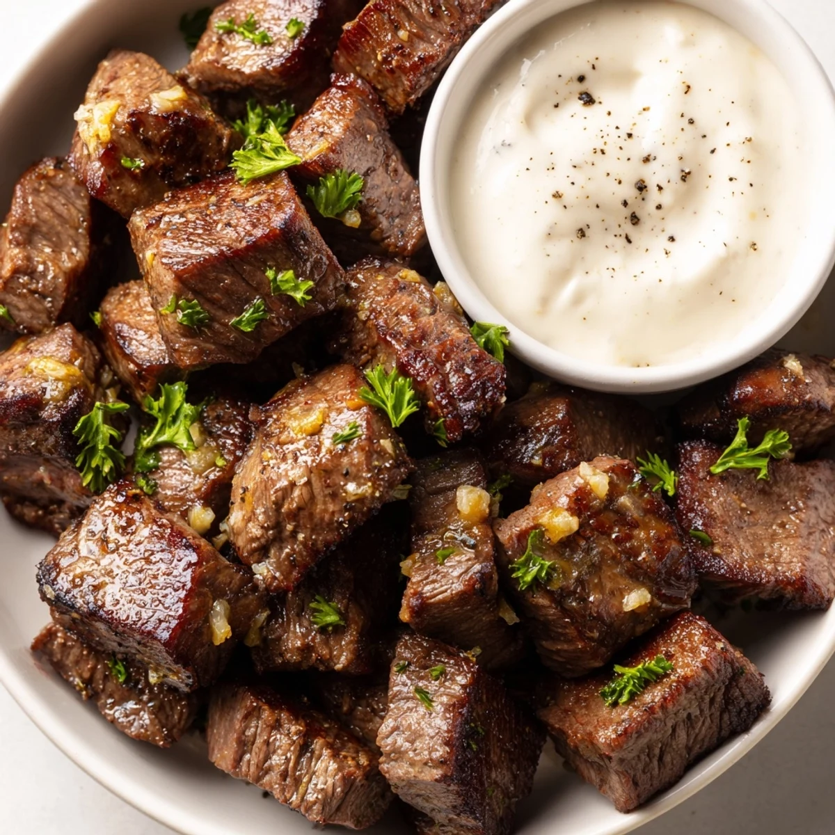 Tender steak cubes coated in garlic butter, served with zesty horseradish cream for dipping alongside roasted potatoes.