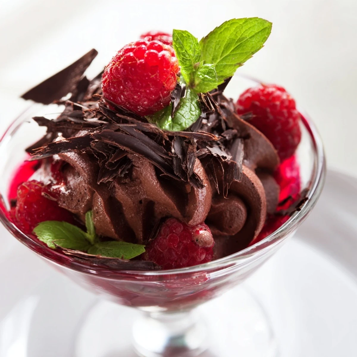 Silky, airy chocolate mousse topped with vibrant raspberry coulis in a clear glass, garnished with fresh berries and mint.