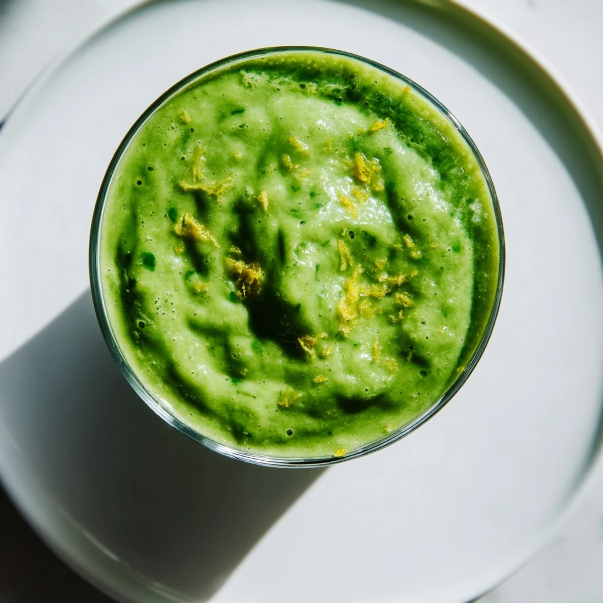 Vibrant green Smoothie with Spinach and Apple in a glass, garnished with a fresh spinach leaf and apple slice.  