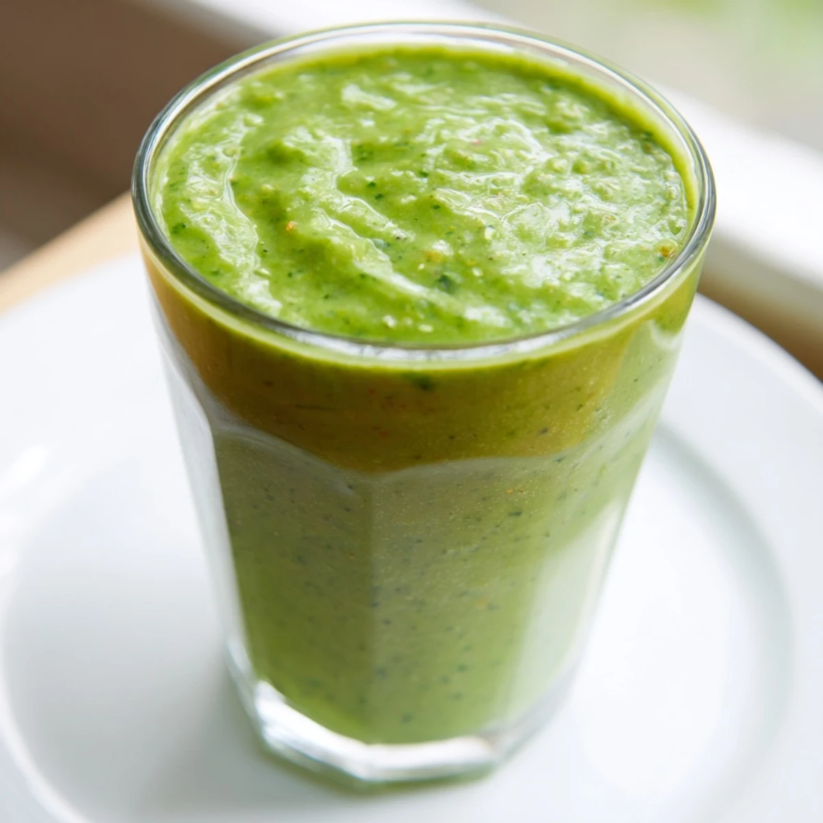 A vibrant green smoothie with spinach, apple, and banana served in a clear glass, garnished with a fresh spinach leaf and apple slice.  
