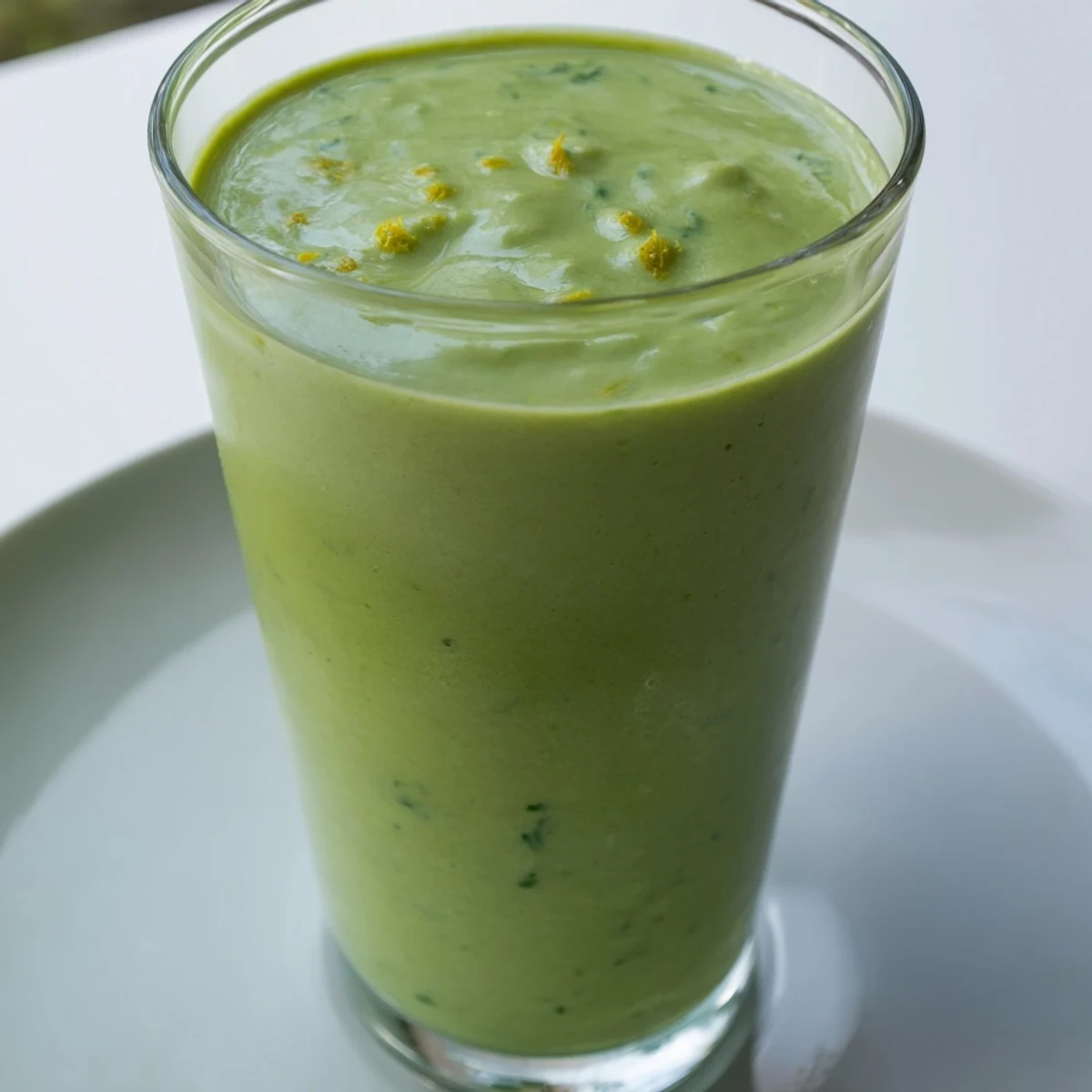Close-up of a frothy green Smoothie with Spinach and Apple, with ice cubes visible and a hint of lemon.