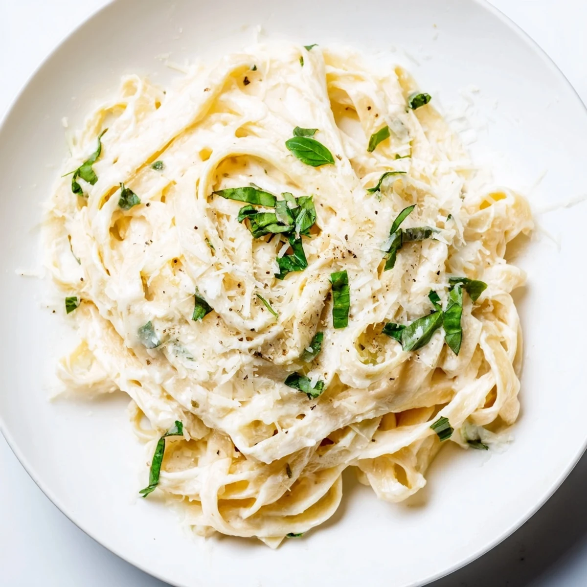 Creamy Garlic Pasta with Herbs in a white bowl, with glossy fettuccine coated in rich cream sauce and fresh parsley.  