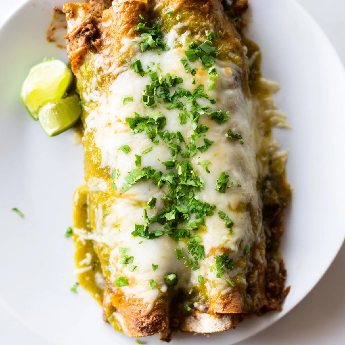 Warm beef enchiladas with green sauce are garnished with fresh cilantro and lime wedges, ready to serve with creamy sour cream on the side.