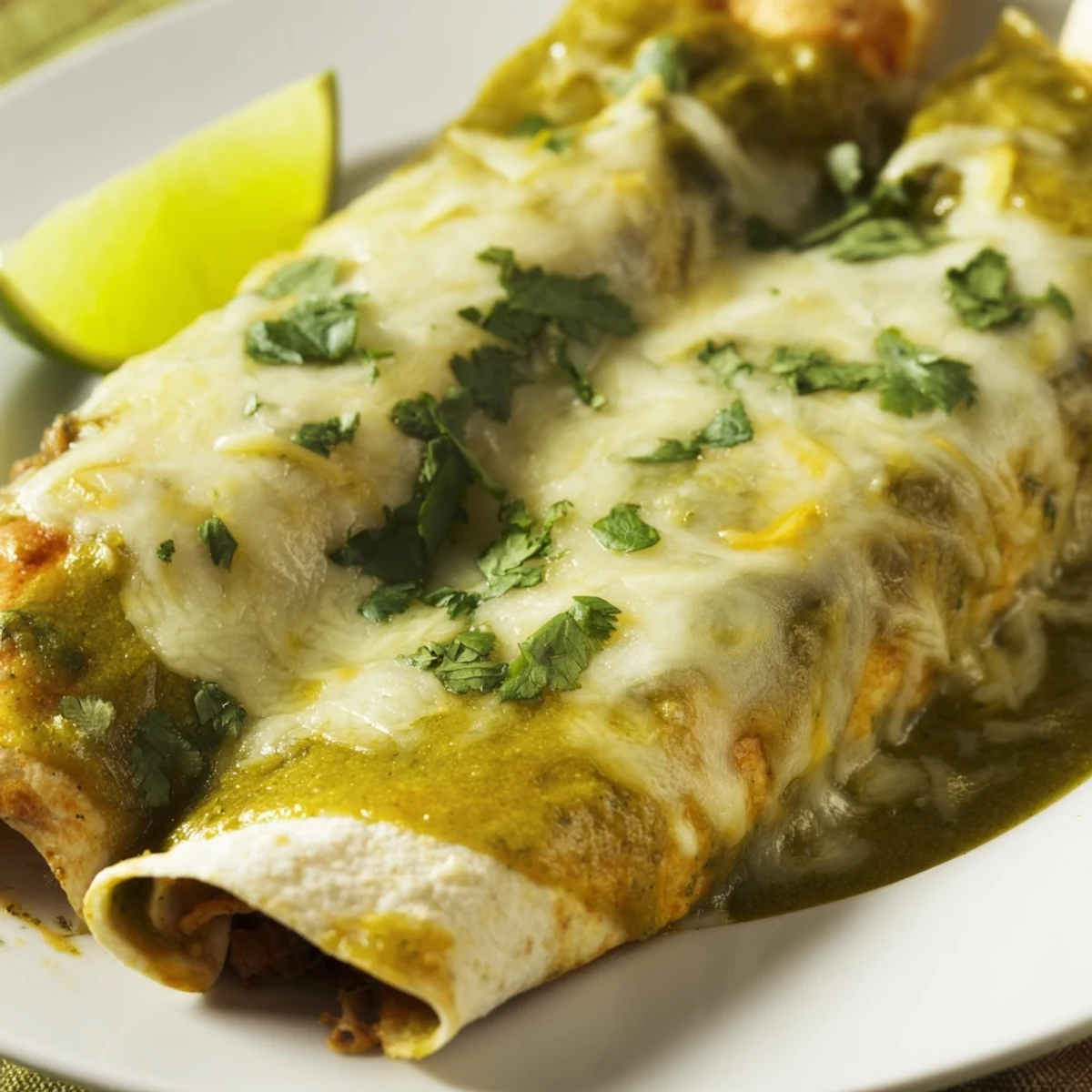 Freshly baked beef enchiladas with green sauce feature melted cheese and tangy tomatillo sauce in a casserole dish, perfect for a family main dish.