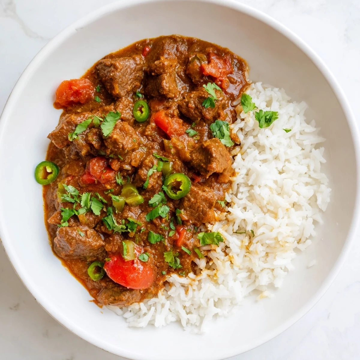 A close-up of Spicy Beef Curry with Rice, where tender beef chunks glisten in a rich, red-orange sauce atop fluffy basmati rice.  